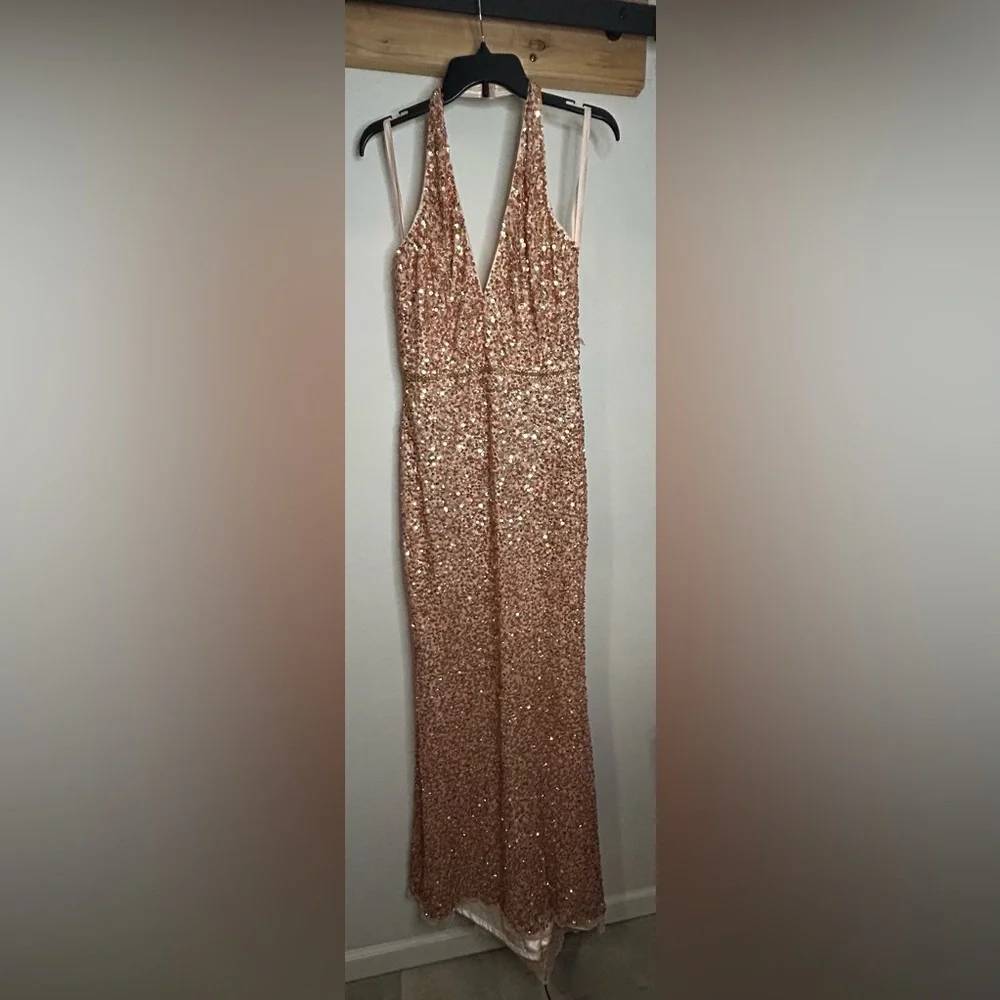 Mac Duggal Rose Gold Sequin Halter Evening Gown - Picture 2 of 9